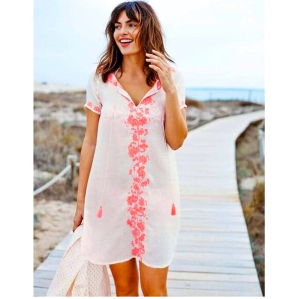 Boden Corsica Kaftan Tunic Cover-Up Dress Cream/Neon Coral Pink 16 Embroidered